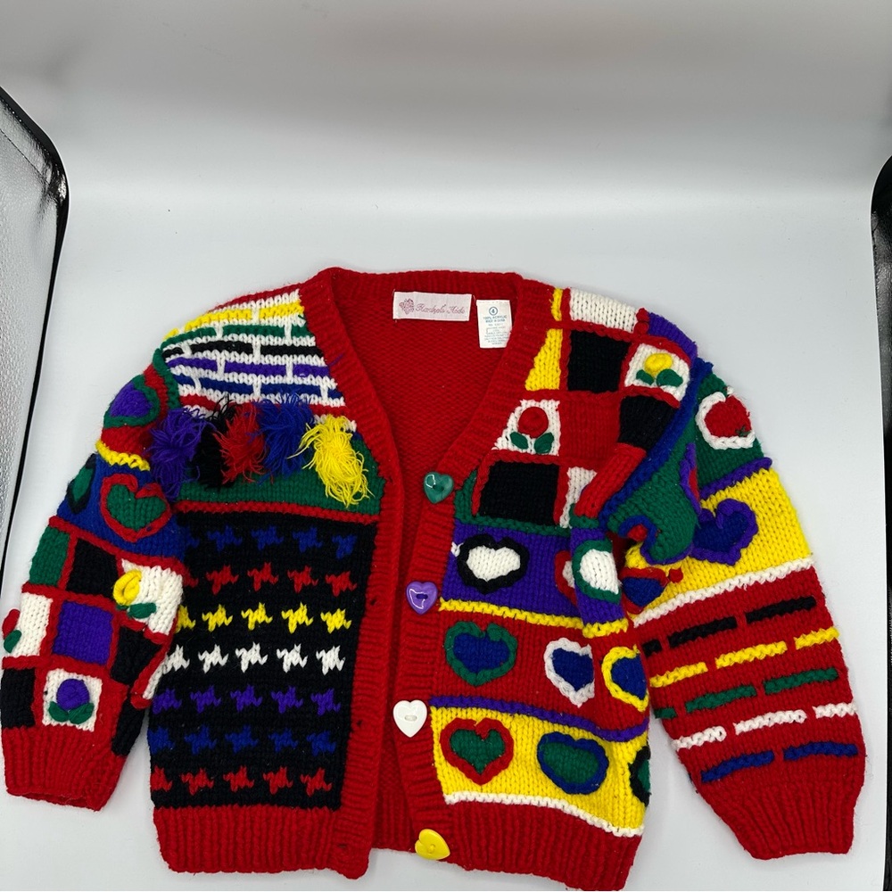 Rachel’s Kids Colorful 1990s Patchwork Heart Knit Cardigan Sweater Kidscore
